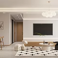 Modern Living and Dining Room Interior With Beige Sofa Wooden Chairs Globe Chandelier And Rug