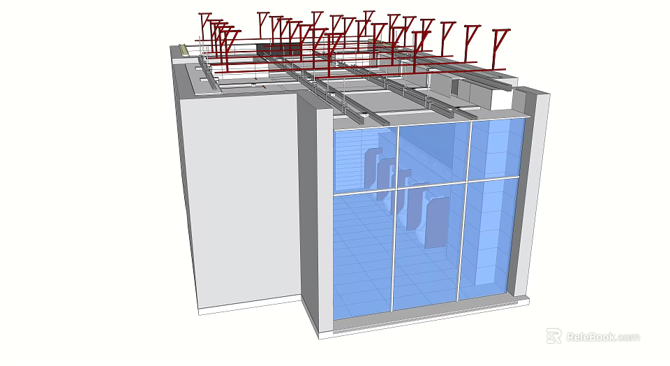 Modern Public Toilet Building Featuring Glass Facade And Roof Support Structure 3d model 