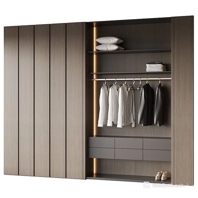 Modern Wardrobe Design With Wooden Panels Hanging Rod Pillows Towels And Drawers 3d model 