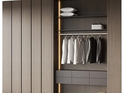 Modern Wardrobe Design With Wooden Panels Hanging Rod Pillows Towels And Drawers 3d model