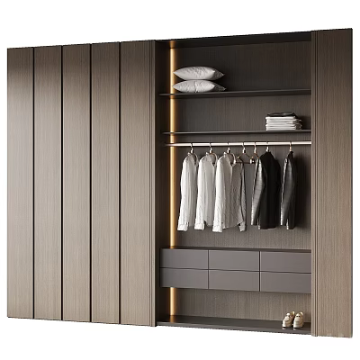 Modern Wardrobe Design With Wooden Panels Hanging Rod Pillows Towels And Drawers 3d model