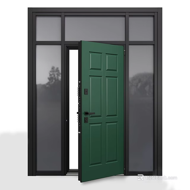 Open Green Front Door With Black Frame Glass Panels And Outdoor Tree View 3d model 