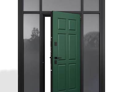Open Green Front Door With Black Frame Glass Panels And Outdoor Tree View 3d model