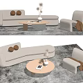 Modern Beige Sofa and Wooden Coffee Table Set with Round Cushions Vase Armchair and Blanket