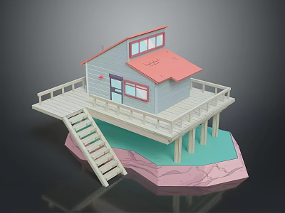 Small Cabin with Red Roof Gray Walls Wooden Deck Railings Stairs and Pink Blue Base 3d model