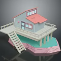 Small Cabin with Red Roof Gray Walls Wooden Deck Railings Stairs and Pink Blue Base