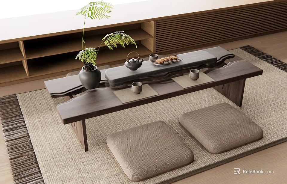 Minimalist Interior Tea Table With Dark Wood Top Floor Cushions Tea Set And Potted Plant 3d model 