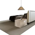 Modern Upholstered Double Bed With Gray Pillows Bedside Tables Pendant Light And Soft Carpet