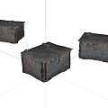Three Vintage Rusty Metal Chests With Worn Edges And Rusted Surfaces
