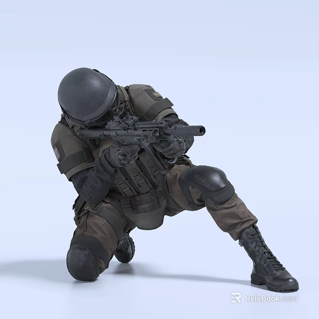 Man Holding Rifle Crouching in Tactical Gear with Black Helmet Vest Knee Pads and Boots 3d model 