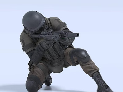 Man Holding Rifle Crouching in Tactical Gear with Black Helmet Vest Knee Pads and Boots 3d model