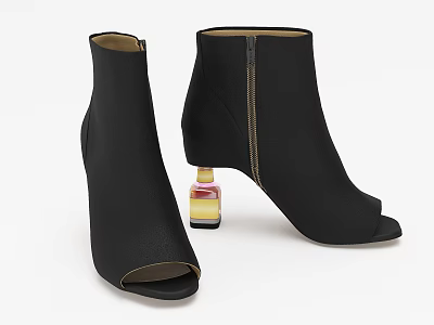 Black Peep Toe Ankle Boots With Zipper And Colorful Heel Design 3d model