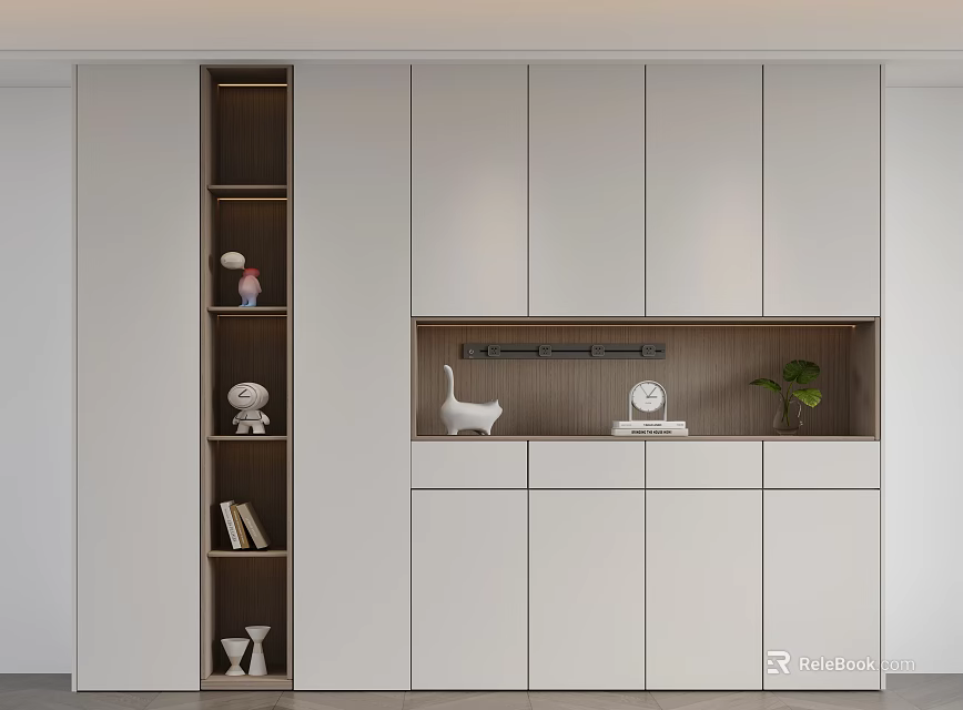 Modern Shoe Cabinet With White Panel Doors Open Shelves And Decor Items 3d model 