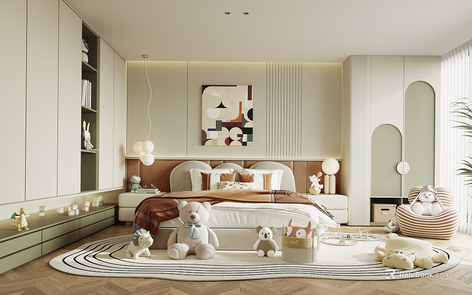 Soft Tones Kids Room Interior With Bed Stuffed Toys Rug And Bookshelf 3d model 