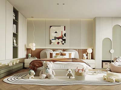 Soft Tones Kids Room Interior With Bed Stuffed Toys Rug And Bookshelf 3d model