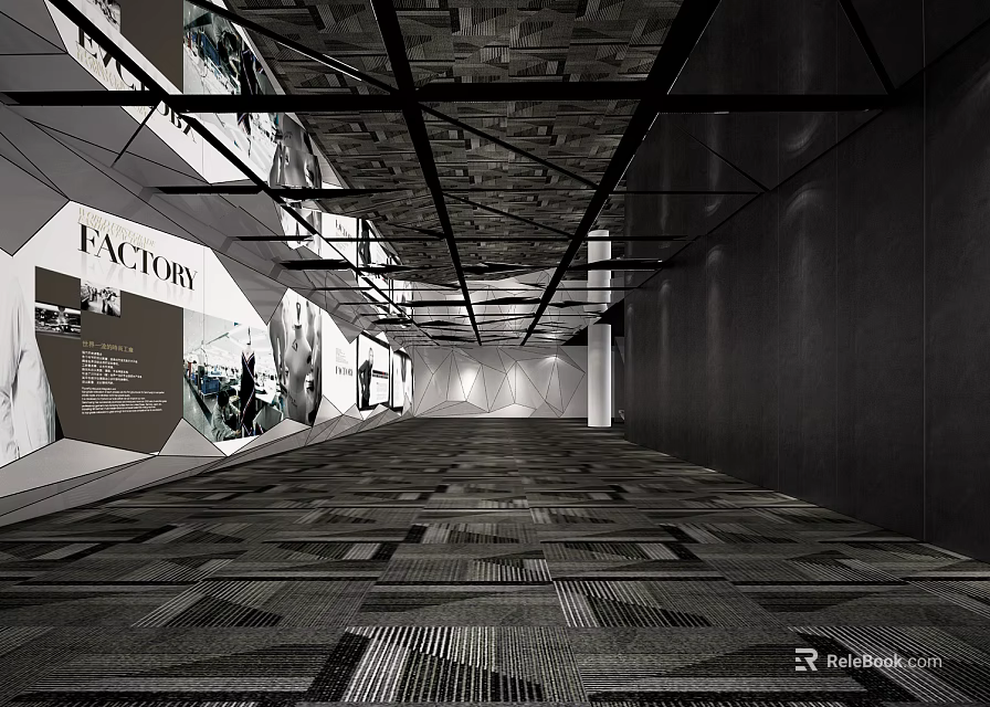 Modern Corridor Space With Factory Posters Geometric Carpet And Metal Ceiling 3d model 
