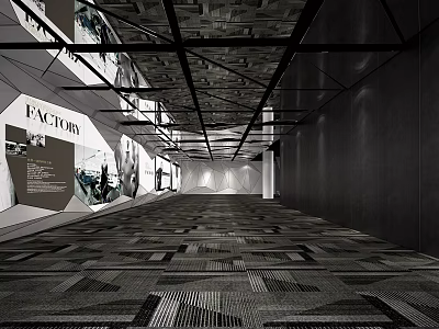 Modern Corridor Space With Factory Posters Geometric Carpet And Metal Ceiling 3d model