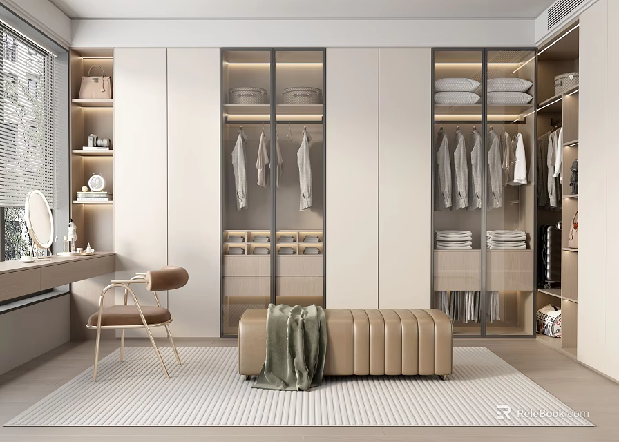 Modern Walk-in Closet Interior With Glass Door Cabinets Hanging Folded Clothes And Dressing Table 3d model 