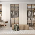 Modern Walk-in Closet Interior With Glass Door Cabinets Hanging Folded Clothes And Dressing Table