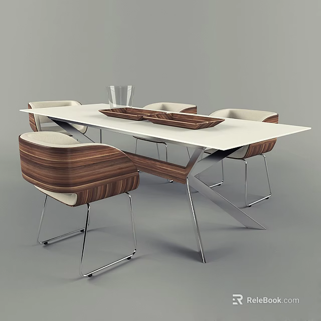 Modern Minimalist Dining Table Set with White Tabletop Wooden Chairs and Metal Legs 3d model 