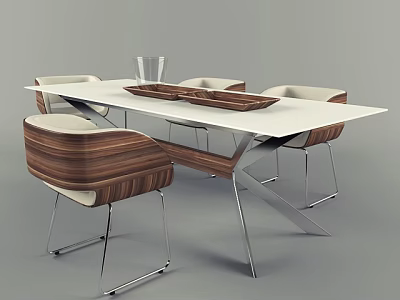 Modern Minimalist Dining Table Set with White Tabletop Wooden Chairs and Metal Legs 3d model