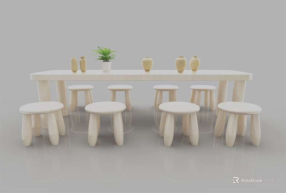 Minimalist Dining Table Set With Long Table Stools Potted Plant And Ceramic Vases 3d model