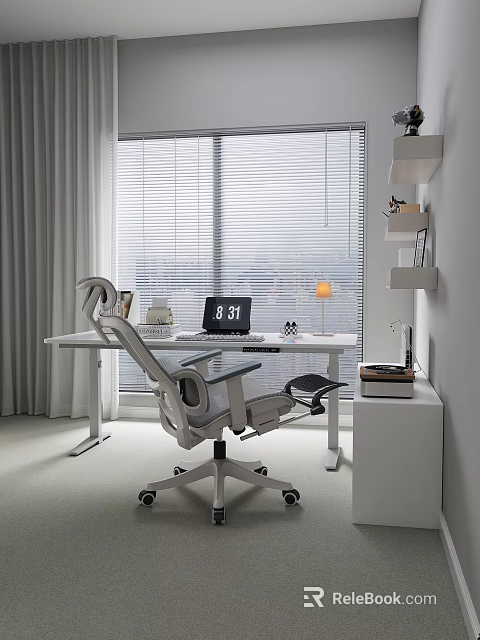 Ergonomic Modern Office Chair For Home Workspace With Desk Laptop Lamp And Window Blinds 3d model 