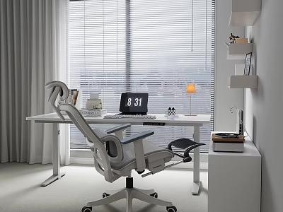 Ergonomic Modern Office Chair For Home Workspace With Desk Laptop Lamp And Window Blinds 3d model