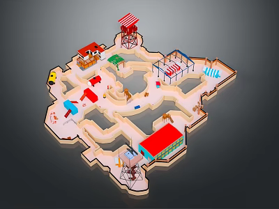Colorful Children's Playground Maze Model With Slide Swings Water Tower Toy Car And Small Houses 3d model