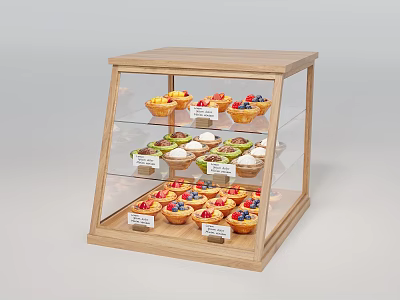 Wooden Frame Display Cabinet with Transparent Glass Shelves for Fruit Topped Cupcakes 3d model