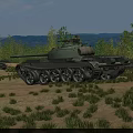Green Military Tank in Field with Trees Mountains and Another Tank in Background
