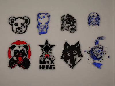 Cartoon Themed Wall Decor Featuring Bear Panda Wolf Star And HUNG Logo Designs 3d model
