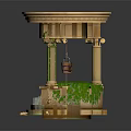 Ornamental Decorative Structure With Round Top Pillars Hanging Lantern And Green Vines