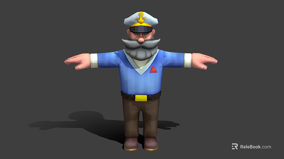 Man As Captain With White Hat Mustache Blue Shirt Red Badge Brown Pants Outstretched Arms 3d model 