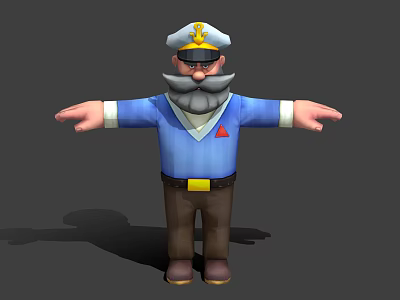 Man As Captain With White Hat Mustache Blue Shirt Red Badge Brown Pants Outstretched Arms 3d model