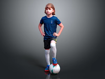Boy in Blue Soccer Jersey Standing with One Foot on Football Hands on Hips 3d model