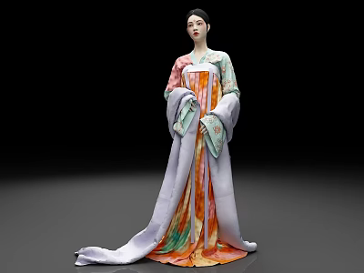 Elegant Female Figure In Traditional Colorful Robe With Flowing Sleeves Hand Fan And Long Train 3d model