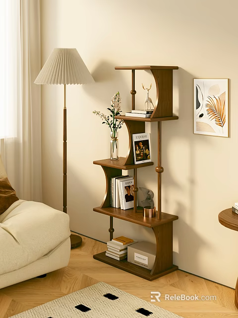 Modern Wooden Bookshelf in Living Room with Books Magazine Vase and Decorative Items Near Sofa 3d model 