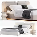 Modern Double Bed with Upholstered Headboard White Pillows Gray Blanket and Bedside Table 3d model