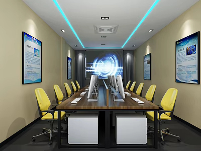 Public Office Space Interior With Long Wooden Table Multiple Computers Yellow Chairs Blue Ceiling Lights 3d model