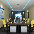 Public Office Space Interior With Long Wooden Table Multiple Computers Yellow Chairs Blue Ceiling Lights 3d model