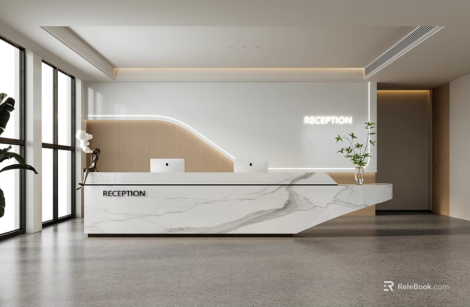 Modern Reception Desk With Marble Countertop Laptop Potted Plant And Reception Signage In Bright Space 3d model 
