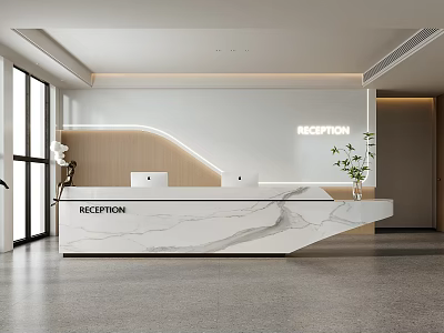 Modern Reception Desk With Marble Countertop Laptop Potted Plant And Reception Signage In Bright Space 3d model