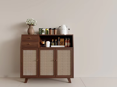 Brown Wooden Sideboard With Rattan Weave Doors Drawer And Decorative Items On Top 3d model