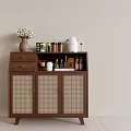 Brown Wooden Sideboard With Rattan Weave Doors Drawer And Decorative Items On Top