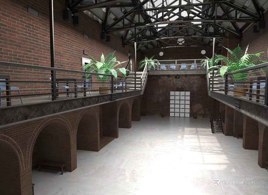 Spacious Industrial Interior Space With Red Brick Walls Arched Structures Glass Skylight And Green Plants 3d model 