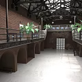 Spacious Industrial Interior Space With Red Brick Walls Arched Structures Glass Skylight And Green Plants