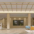 Modern Reception Area With Marble Desk Wooden Ceiling Sofa Seating And Potted Plant