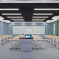 School Modern Classroom With Wooden Desks Chairs Smart Blackboard Green Curtains And Ceiling Lights