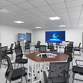 Modern Meeting Room Interior With Large Display Screens Tables Chairs And Ceiling Lights